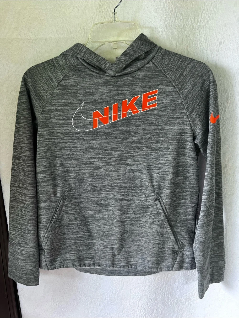 Nike Kids Heather Gray Crewneck Hoodie with Orange Logo